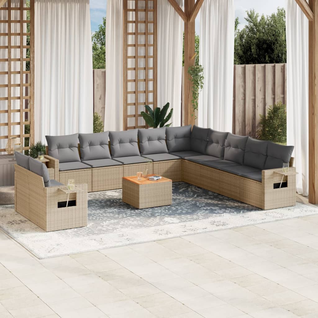 Salon de jardin et coussins 12 pcs mélange beige résine tressée