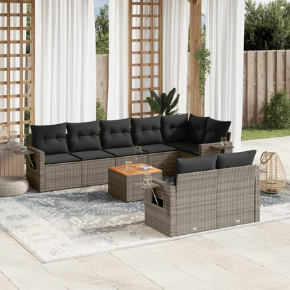 Salon de jardin 9 pcs avec coussins gris résine tressée