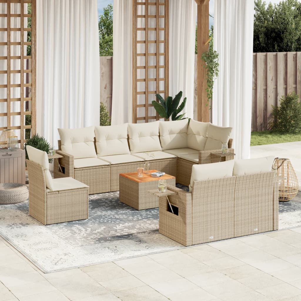 Salon de jardin avec coussins 9 pcs beige résine tressée