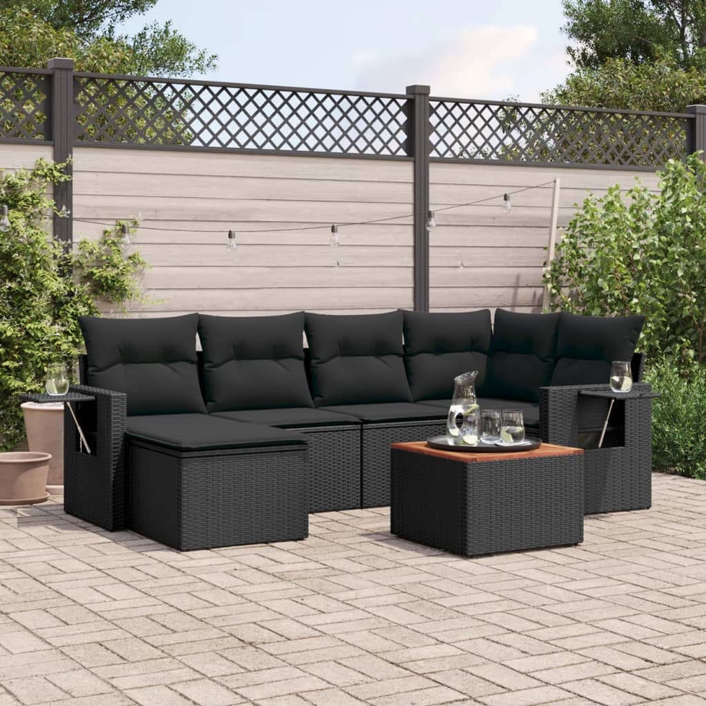 Salon de jardin 7 pcs avec coussins noir résine tressée