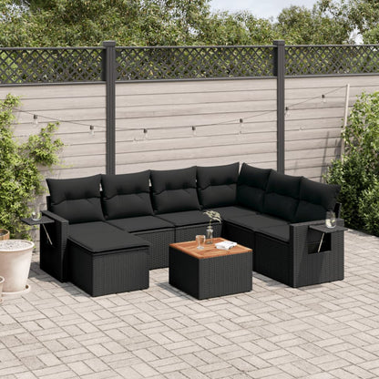 Salon de jardin 8 pcs avec coussins noir résine tressée