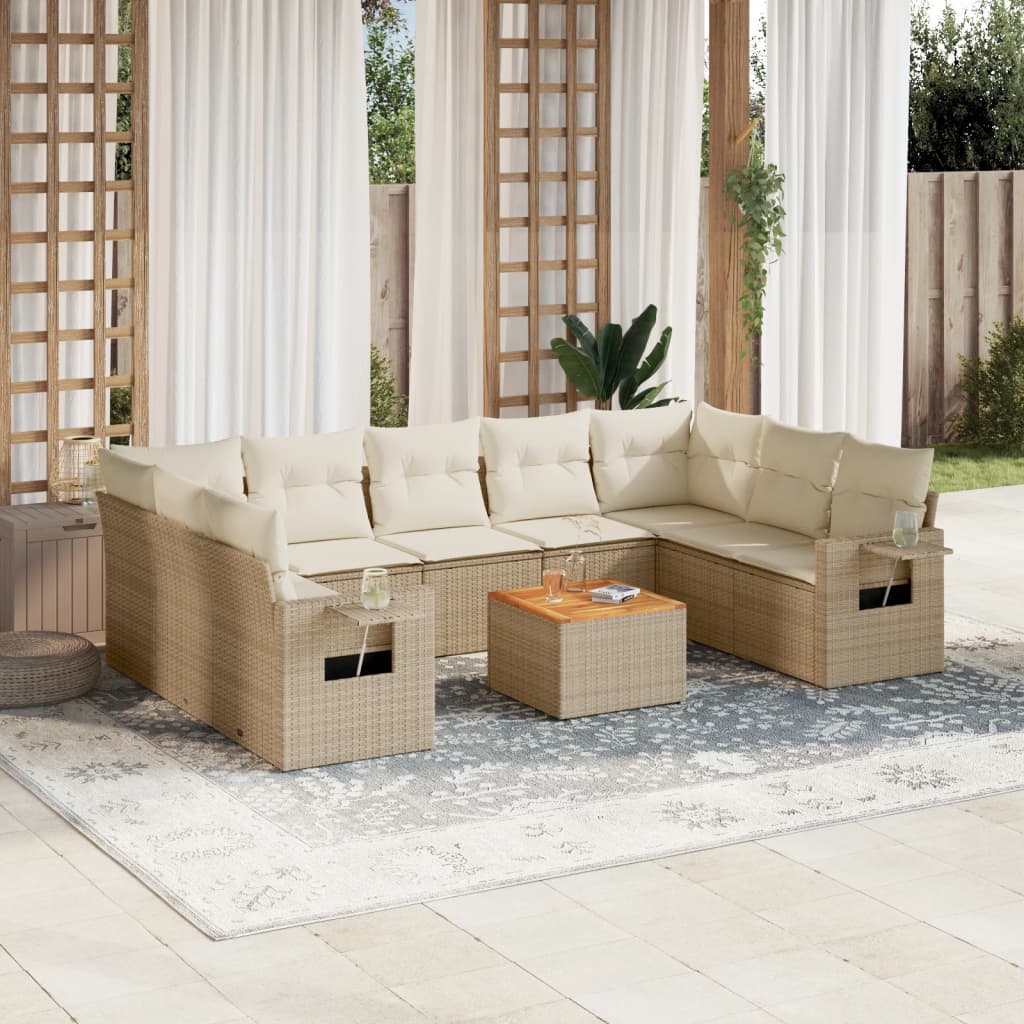 Salon de jardin avec coussins 10 pcs beige résine tressée