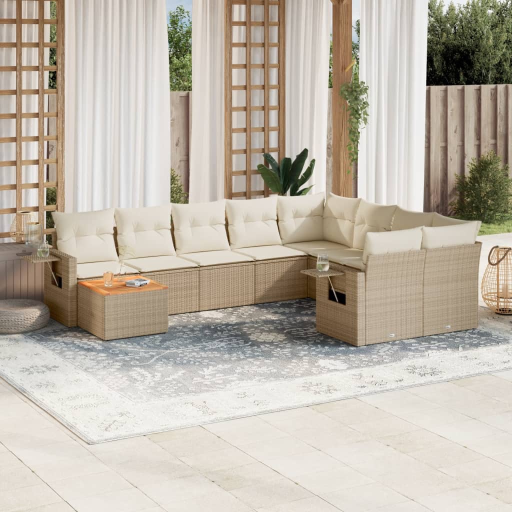 Salon de jardin avec coussins 10 pcs beige résine tressée