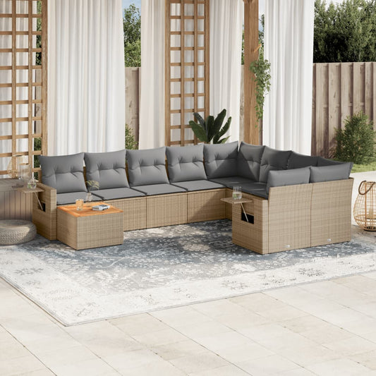 Salon de jardin et coussins 10 pcs mélange beige résine tressée