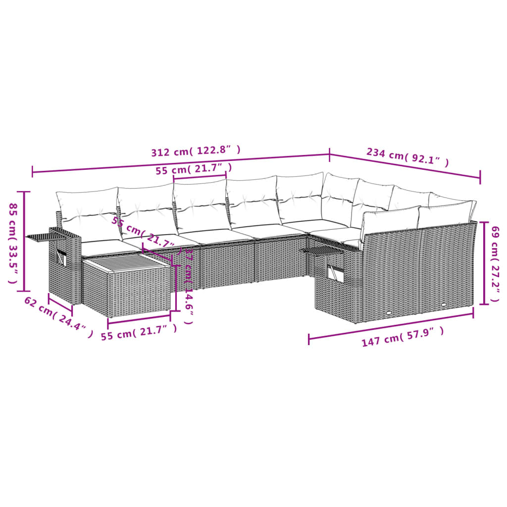 Salon de jardin avec coussins 10 pcs gris résine tressée