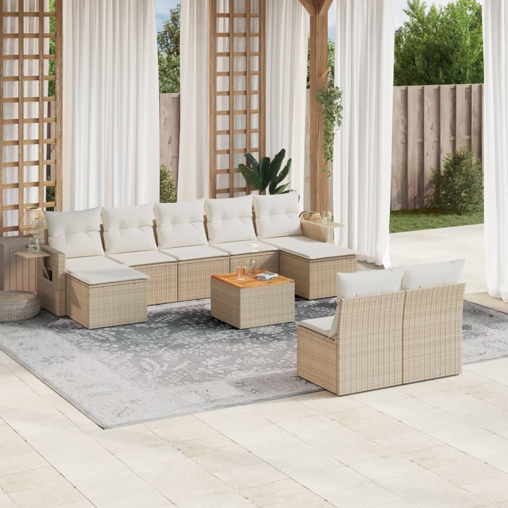 Salon de jardin avec coussins 10 pcs beige résine tressée