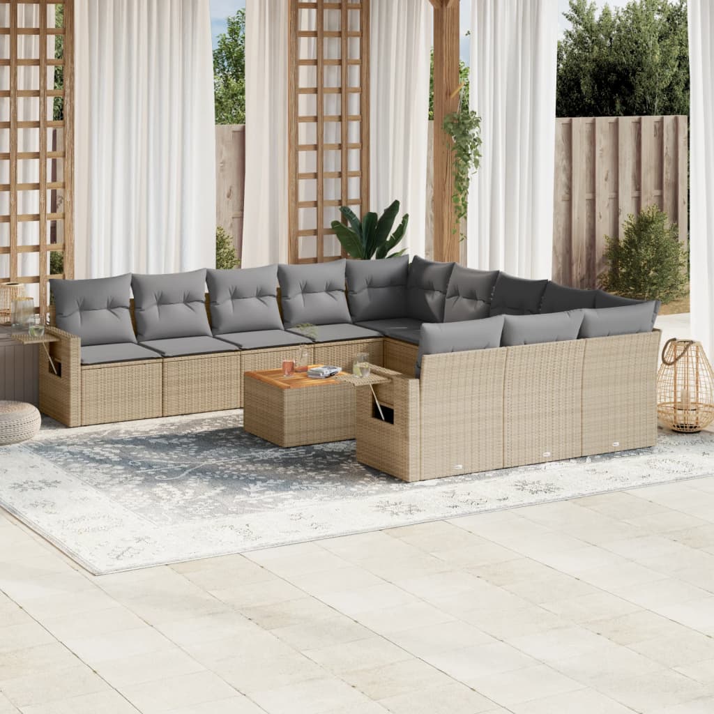 Salon de jardin et coussins 12 pcs mélange beige résine tressée