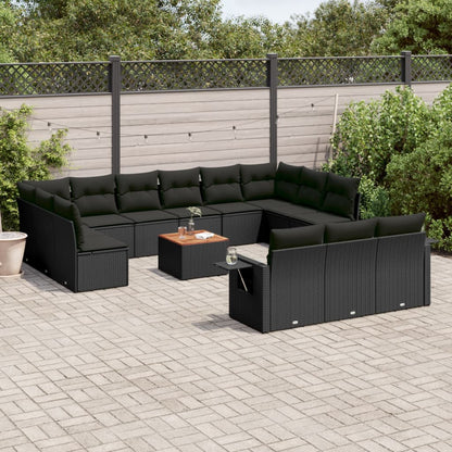 Salon de jardin avec coussins 14 pcs noir résine tressée