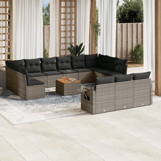 Salon de jardin avec coussins 14 pcs gris résine tressée