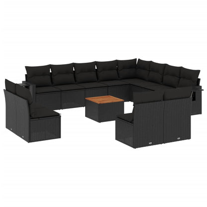 Salon de jardin avec coussins 13 pcs noir résine tressée