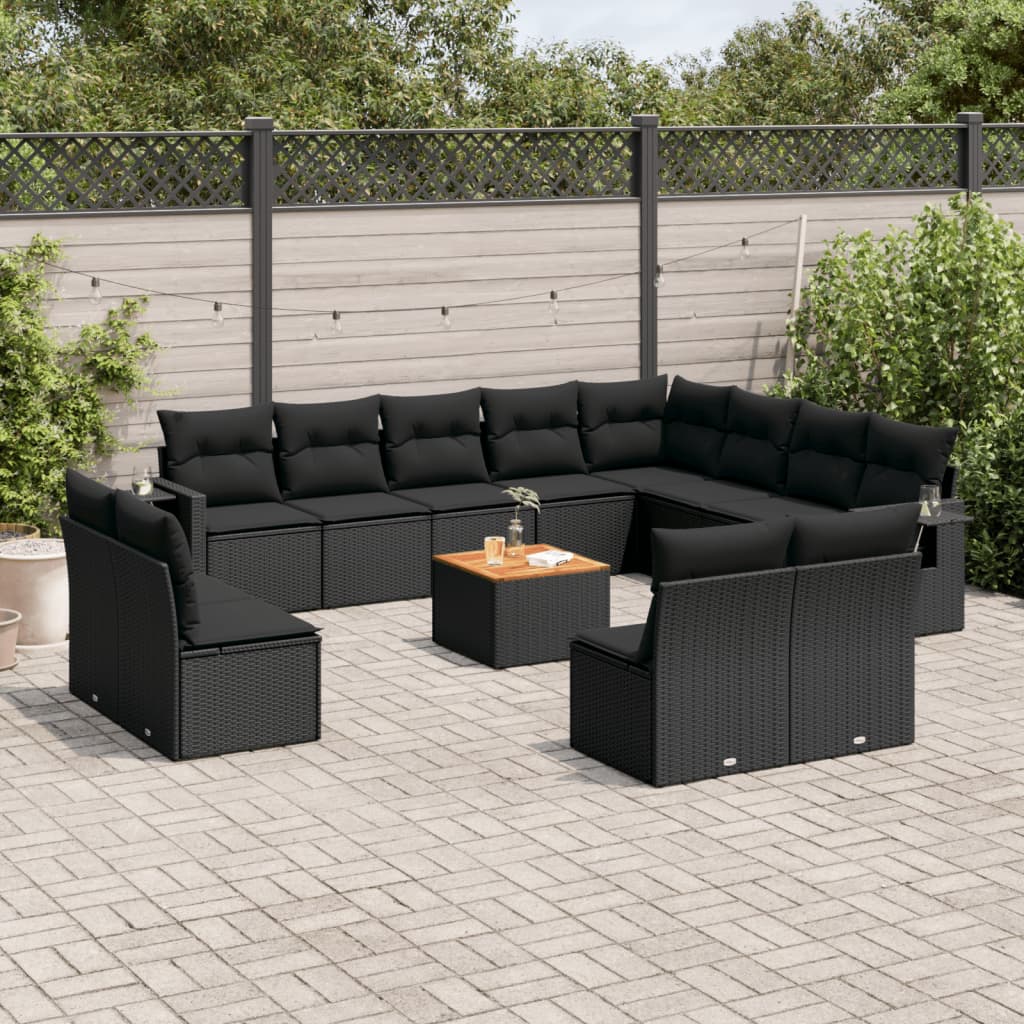 Salon de jardin avec coussins 13 pcs noir résine tressée