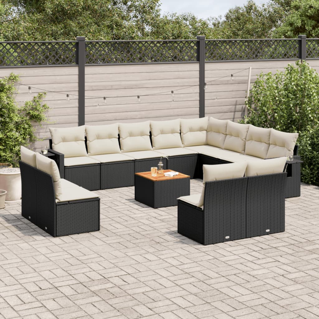 Salon de jardin avec coussins 13 pcs noir résine tressée