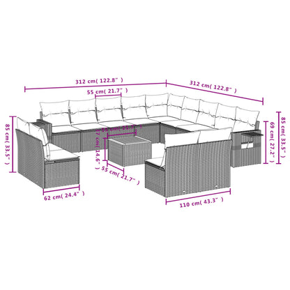 Salon de jardin avec coussins 14 pcs gris résine tressée