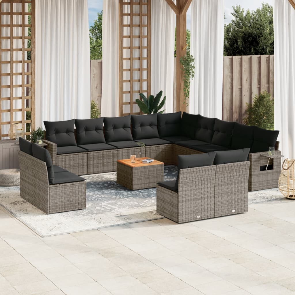 Salon de jardin avec coussins 14 pcs gris résine tressée