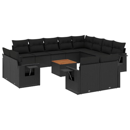 Salon de jardin avec coussins 13 pcs noir résine tressée