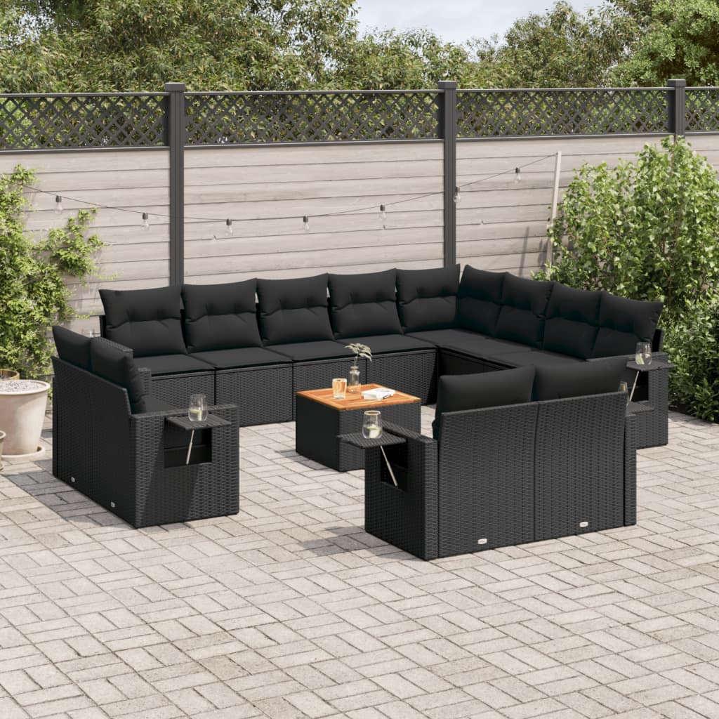 Salon de jardin avec coussins 13 pcs noir résine tressée