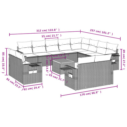 Salon de jardin avec coussins 13 pcs gris résine tressée