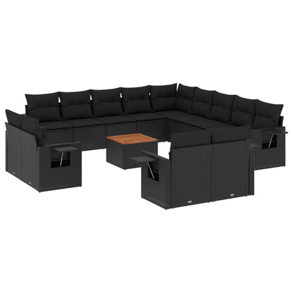 Salon de jardin avec coussins 14 pcs noir résine tressée