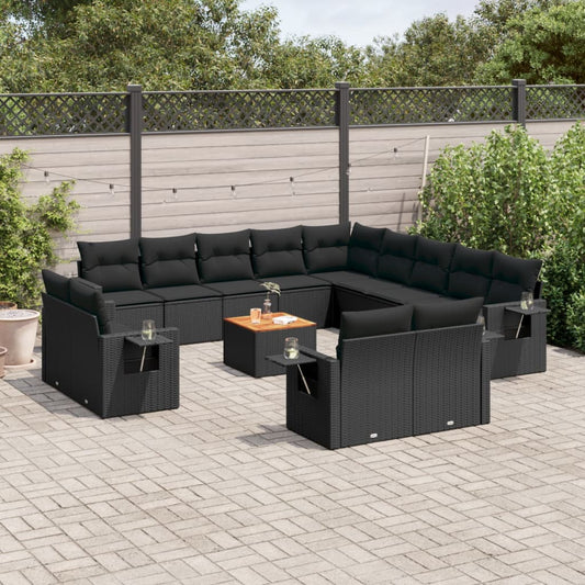 Salon de jardin avec coussins 14 pcs noir résine tressée