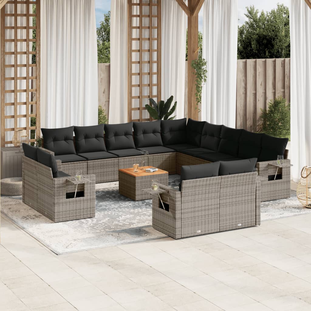 Salon de jardin avec coussins 14 pcs gris résine tressée