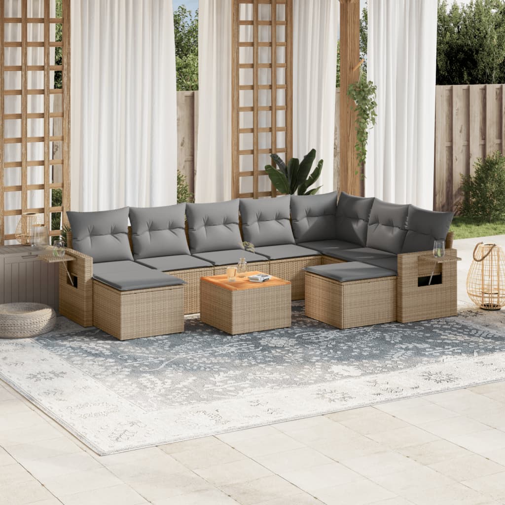 Salon de jardin et coussins 10 pcs mélange beige résine tressée