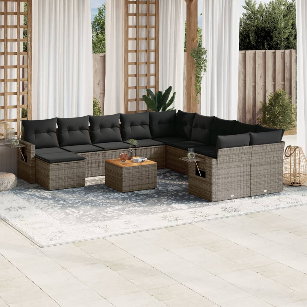 Salon de jardin avec coussins 12 pcs gris résine tressée