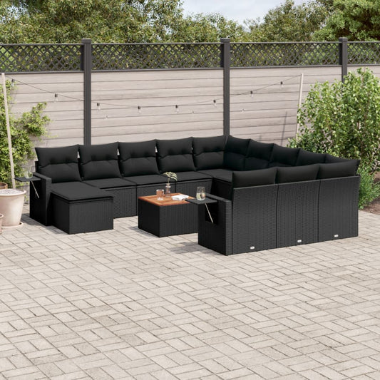 Salon de jardin avec coussins 13 pcs noir résine tressée