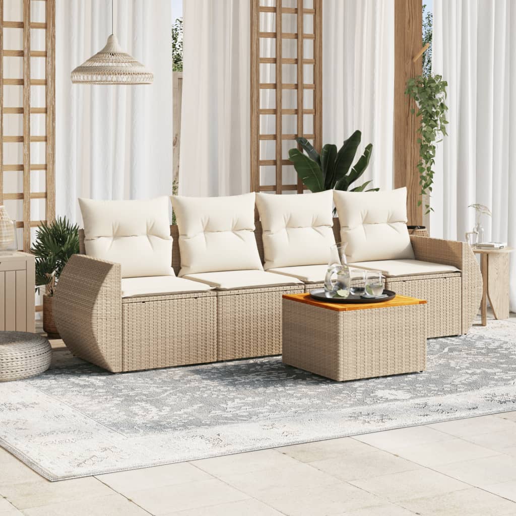 Salon de jardin avec coussins 5 pcs beige résine tressée