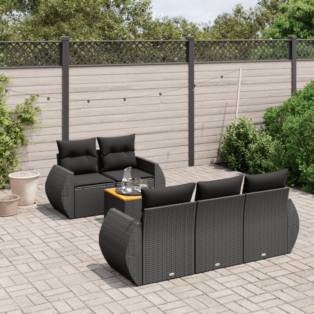 Salon de jardin 6 pcs avec coussins noir résine tressée