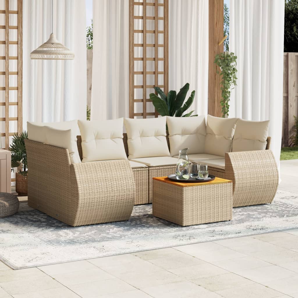 Salon de jardin avec coussins 7 pcs beige résine tressée