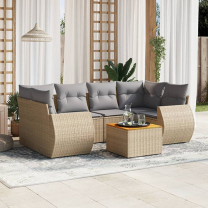 Salon de jardin avec coussins 7 pcs beige résine tressée