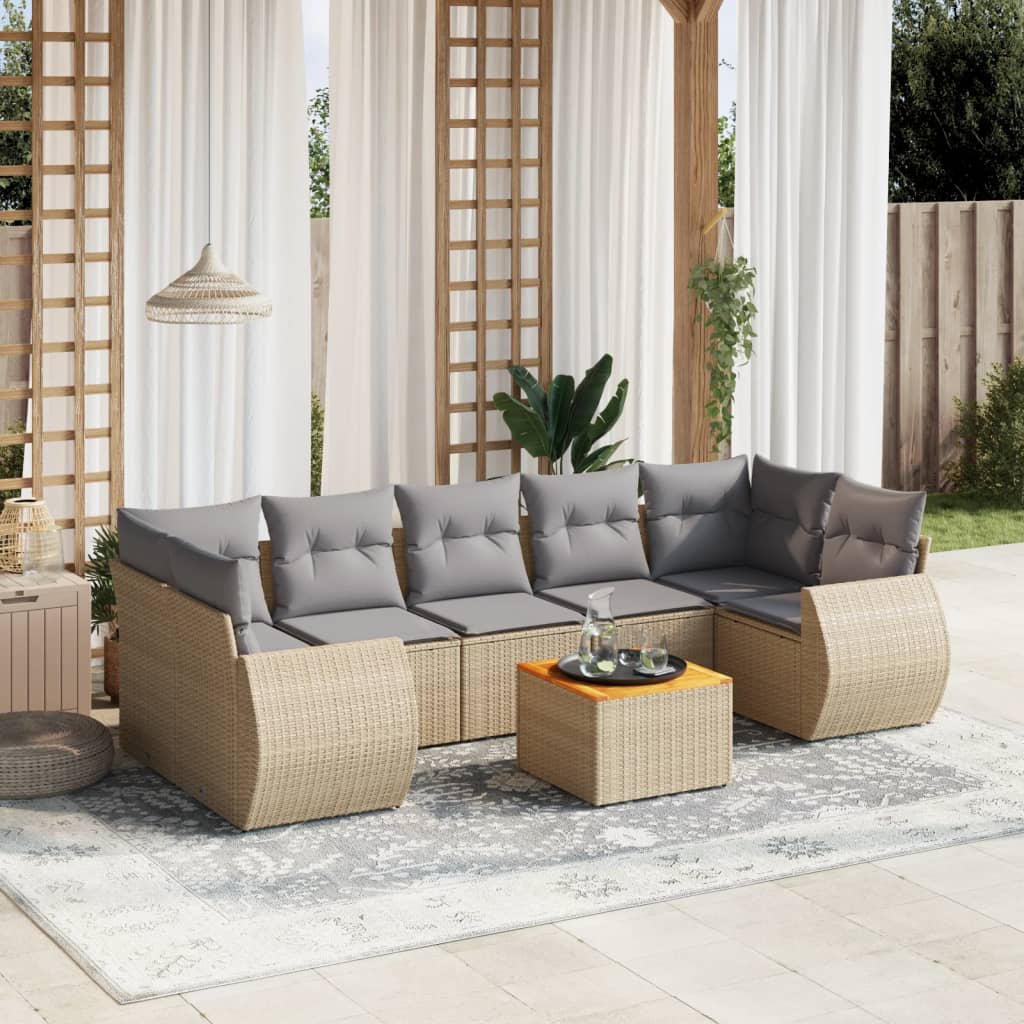 Salon de jardin avec coussins 8 pcs beige résine tressée