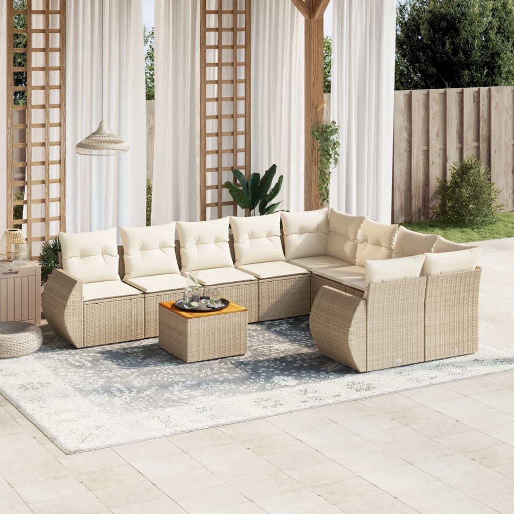 Salon de jardin avec coussins 9 pcs beige résine tressée