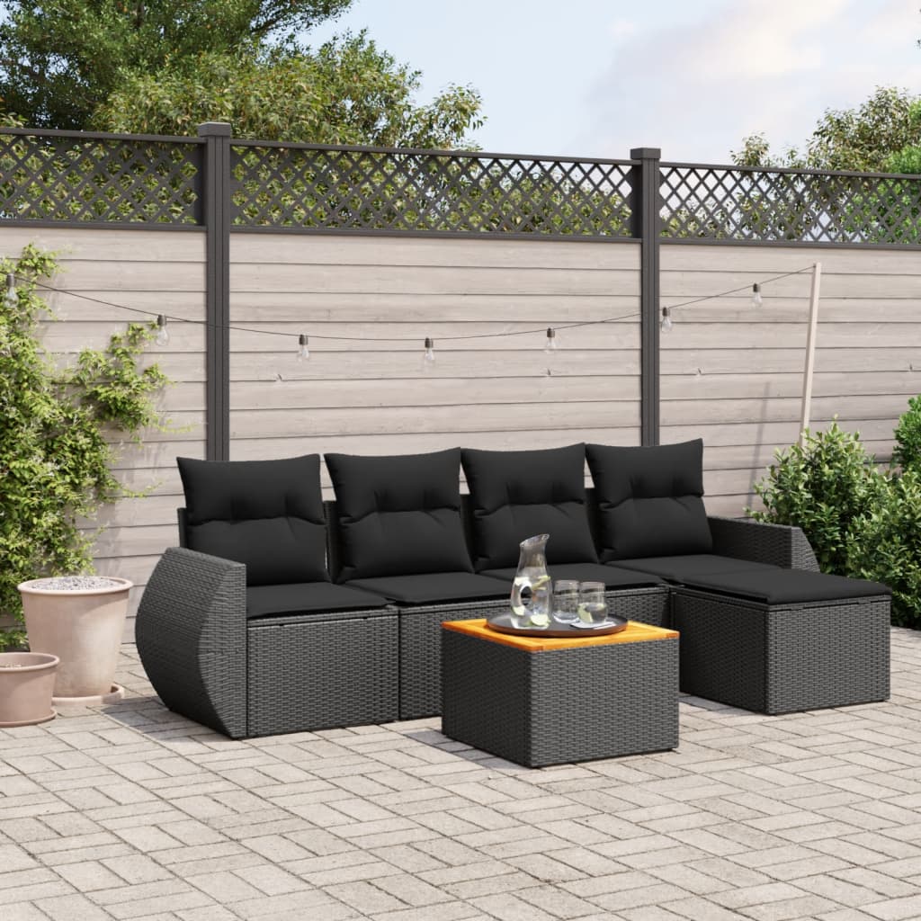 Salon de jardin 6 pcs avec coussins noir résine tressée