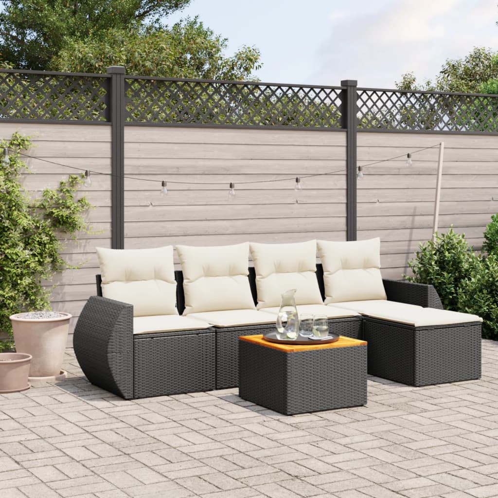 Salon de jardin 6 pcs avec coussins noir résine tressée