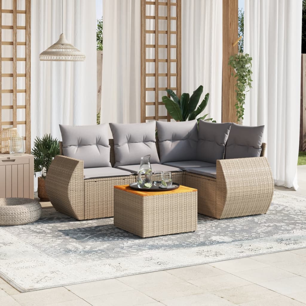 Salon de jardin avec coussins 5 pcs beige résine tressée