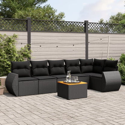 Salon de jardin 7 pcs avec coussins noir résine tressée