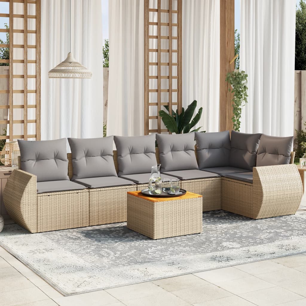 Salon de jardin avec coussins 7 pcs beige résine tressée