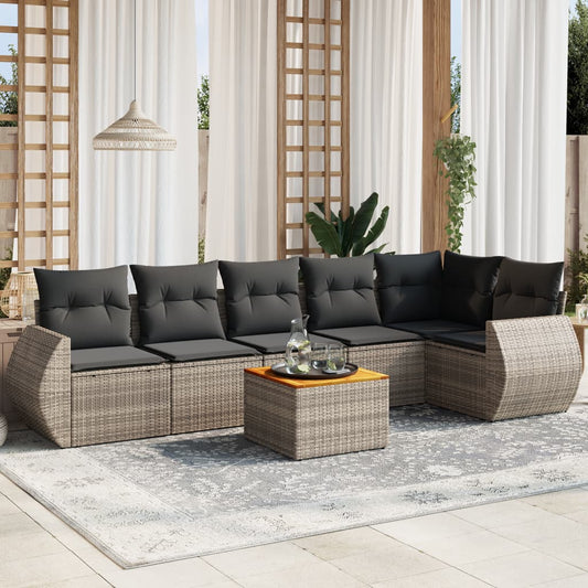 Salon de jardin avec coussins 7 pcs gris résine tressée