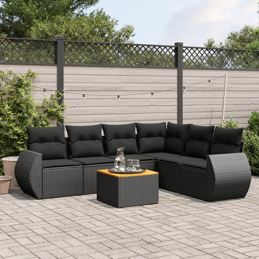 Salon de jardin 7 pcs avec coussins noir résine tressée