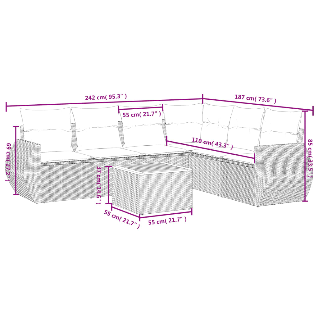 Salon de jardin avec coussins 7 pcs gris résine tressée