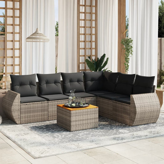 Salon de jardin avec coussins 7 pcs gris résine tressée