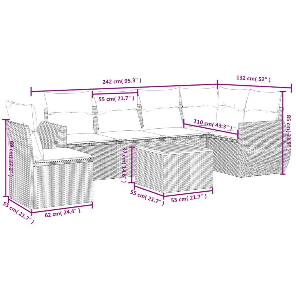 Salon de jardin avec coussins 7 pcs gris résine tressée