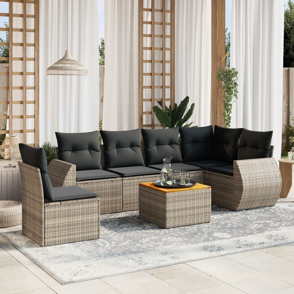 Salon de jardin avec coussins 7 pcs gris résine tressée