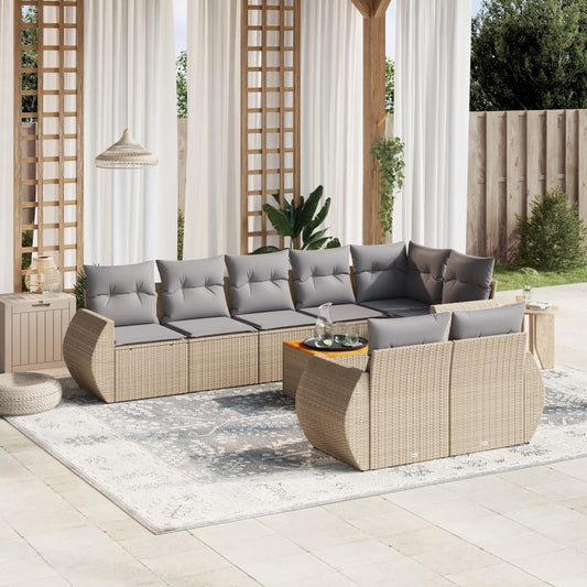 Salon de jardin avec coussins 9 pcs beige résine tressée