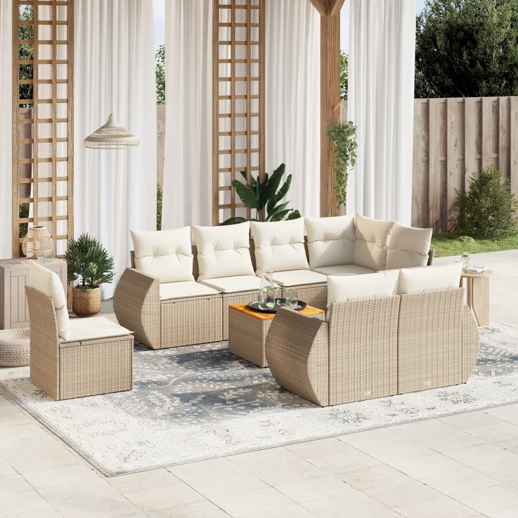 Salon de jardin avec coussins 9 pcs beige résine tressée