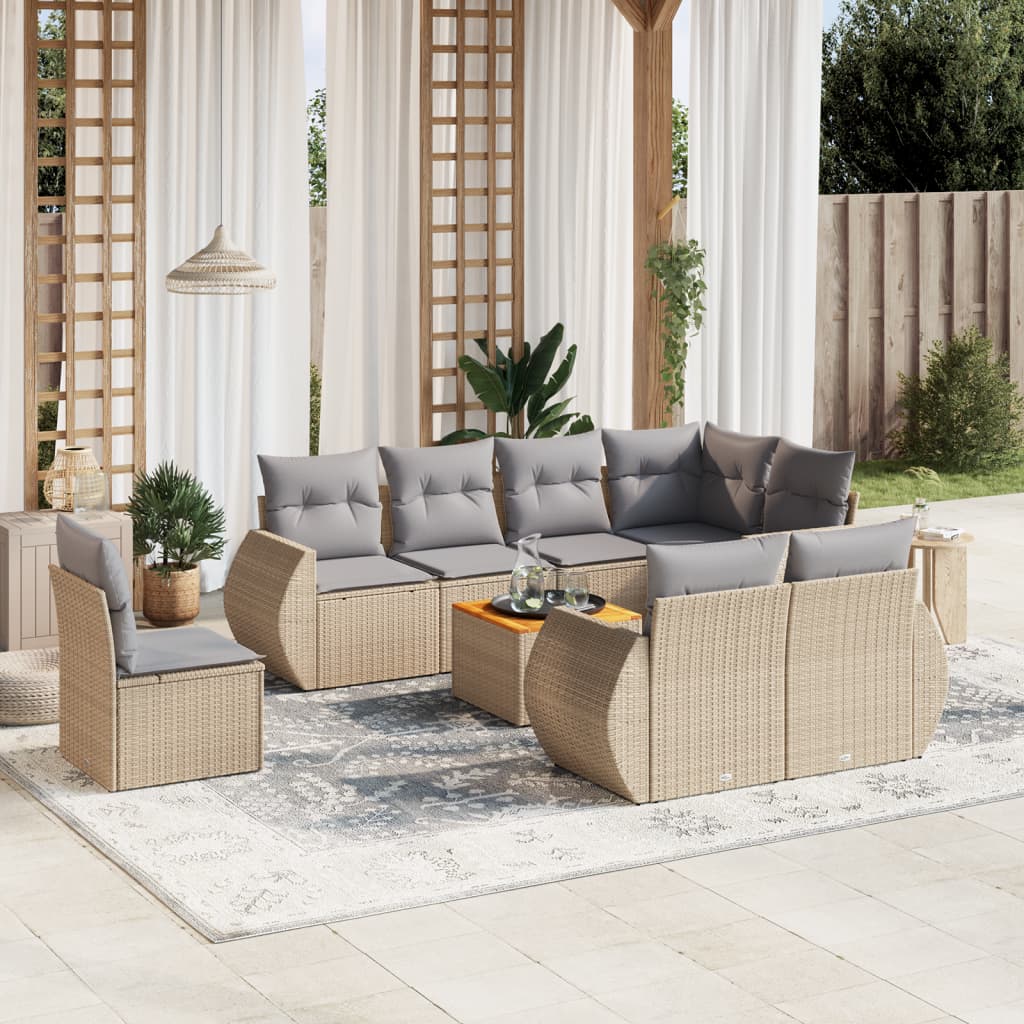 Salon de jardin avec coussins 9 pcs beige résine tressée