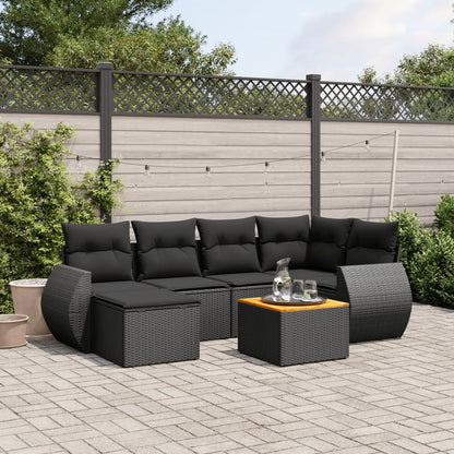 Salon de jardin 7 pcs avec coussins noir résine tressée