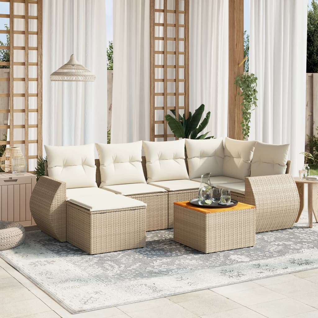 Salon de jardin avec coussins 7 pcs beige résine tressée