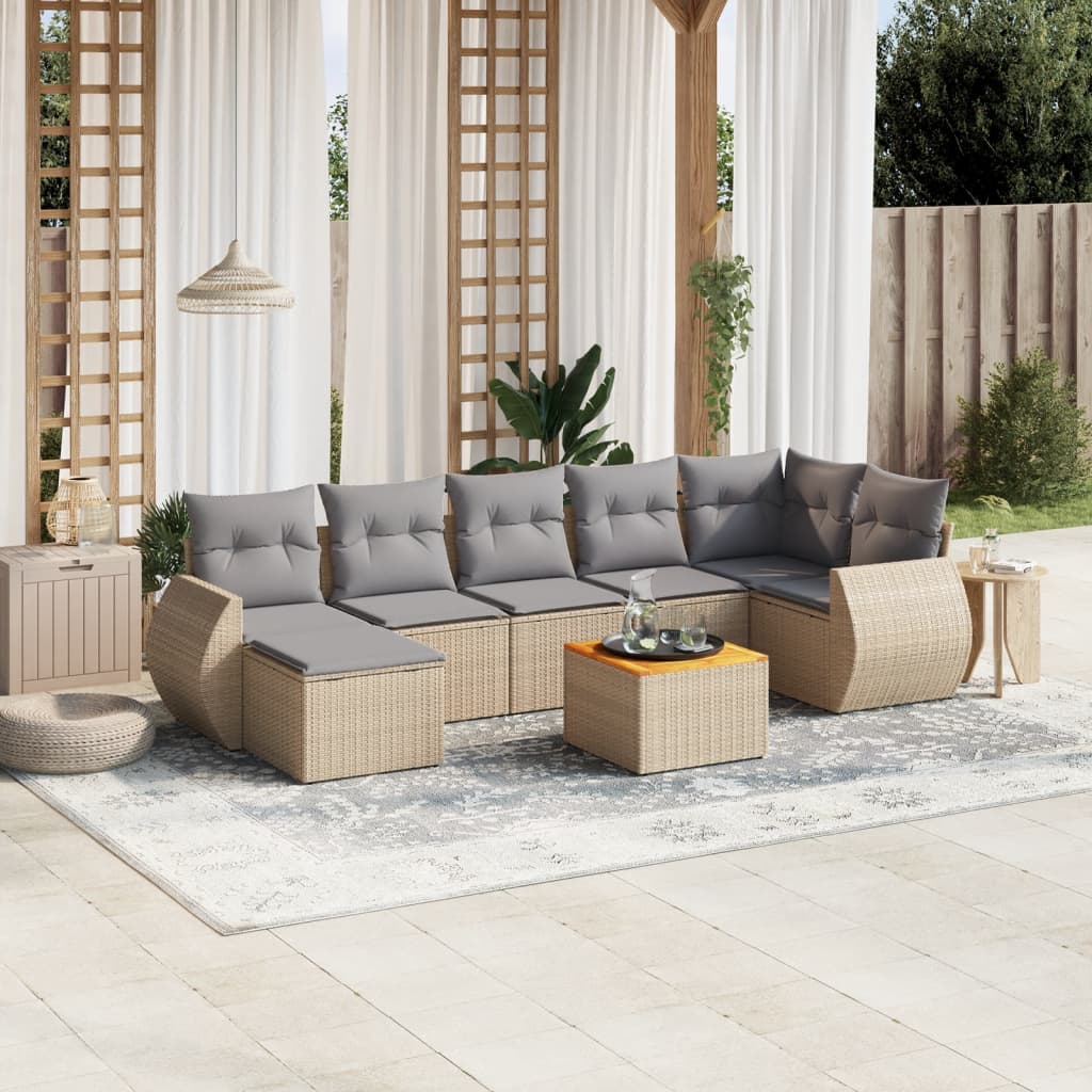 Salon de jardin avec coussins 8 pcs beige résine tressée